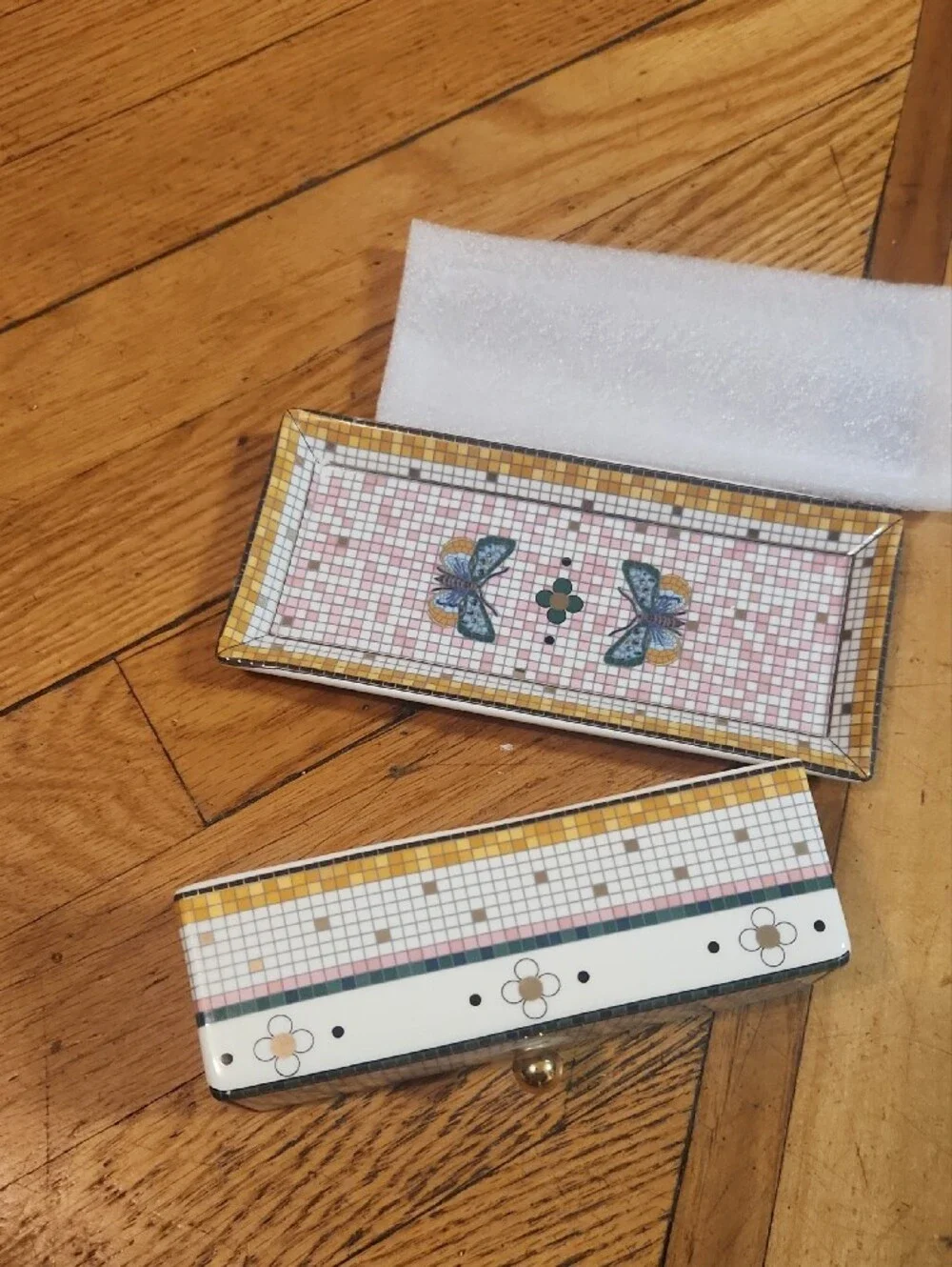 Anthropologie Pink Mosaic Key & Card Holder with Gold Accent